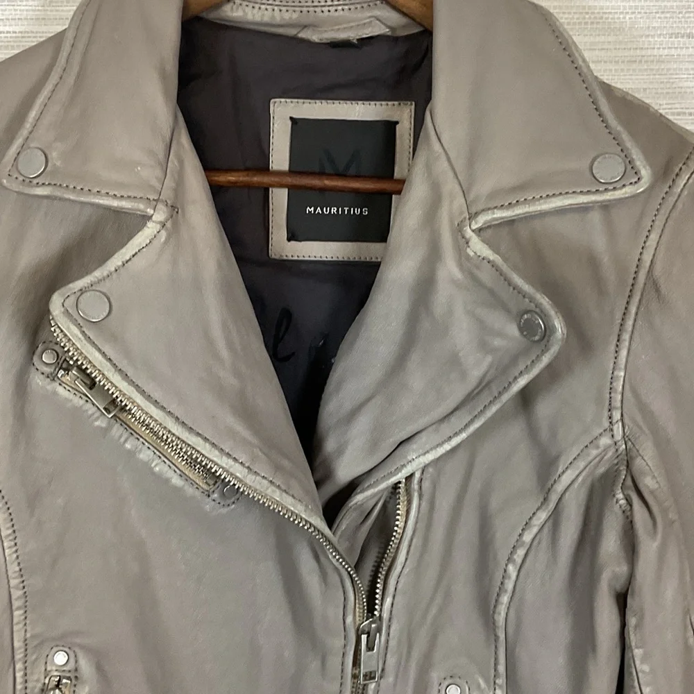 Women's Mauritius Sofia RF Lambskin Leather Biker Moto Jacket Distressed Grey 8 - Picture 9 of 16